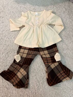 Cream Ribbed Peplum Top & Brown Plaid Flare Pants Set